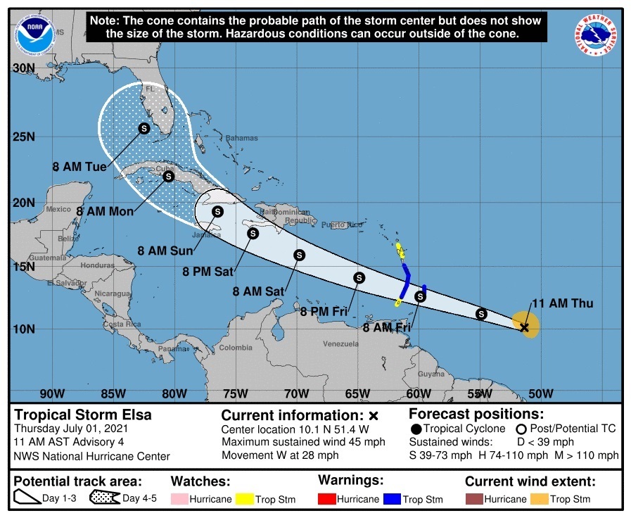 Elsa se mueve rápidamente hacia el Caribe y podría fortalecerse en las próximas 48 horas